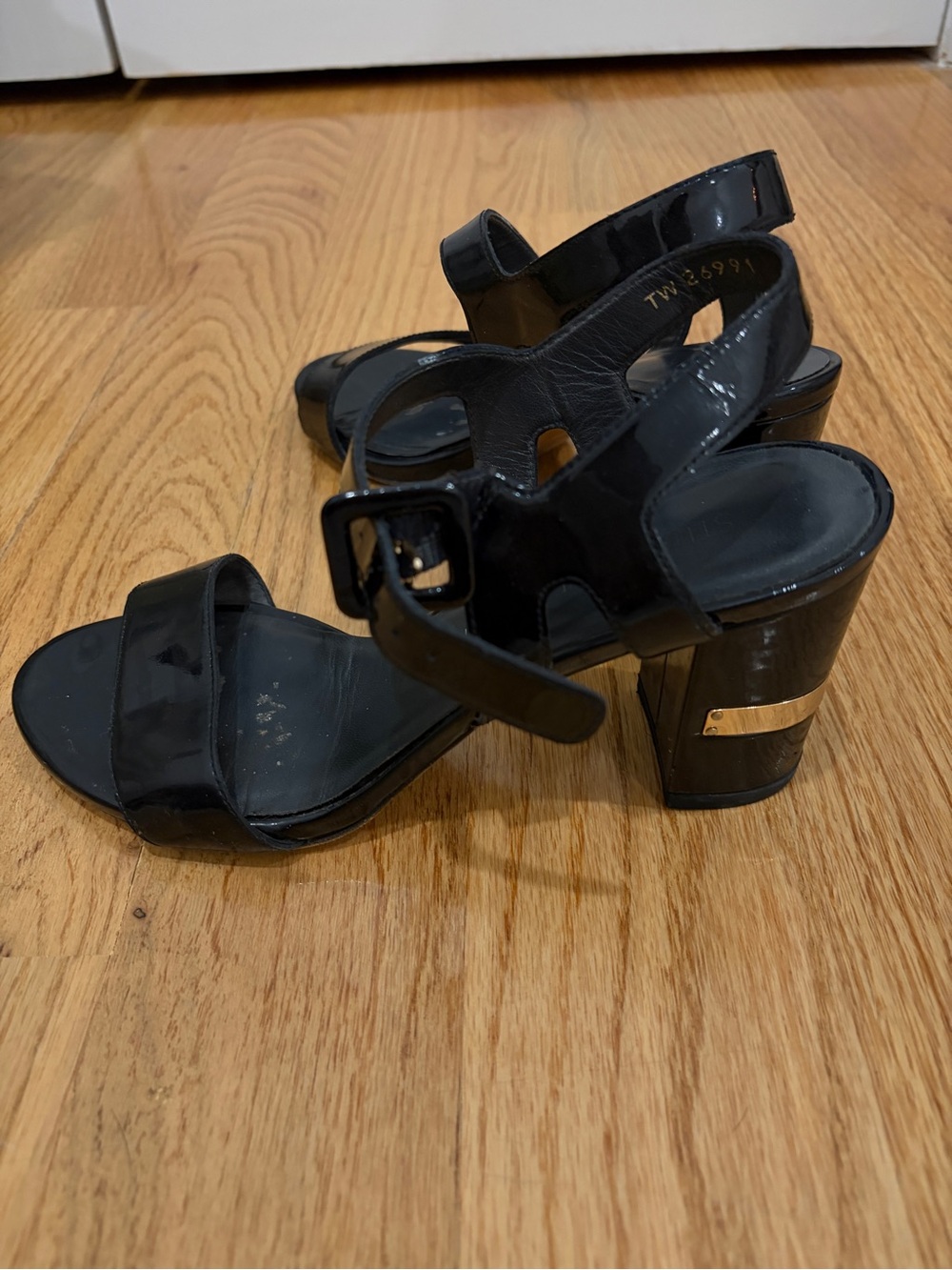 Stuart Weitzman Black Patent Block Heel Sandals with Gold Accent